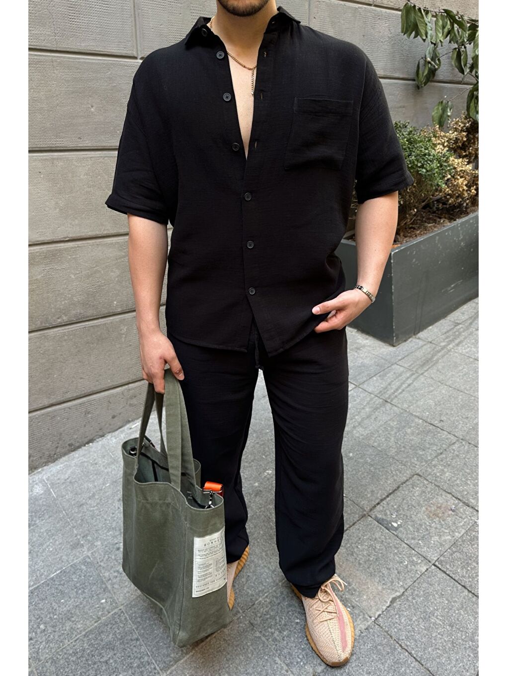 Siyah Lora Erkek Yazlık Pamuk Gömlek Kısa Kollu Cepli Bol Kesim-3