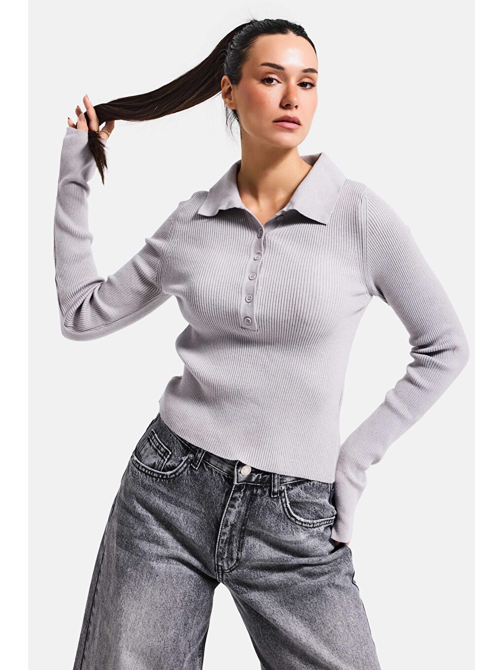 Kadın Gri Renk w5-12 Polo Yaka Viskon Esnek Kumaş Triko-3