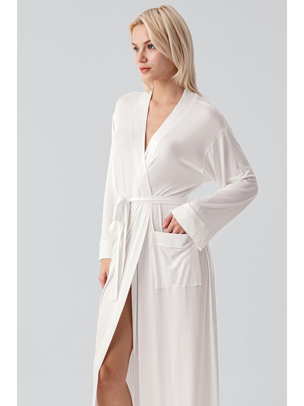 Ekru Uzun Kollu Elastanlı Esnek Viskoz Soft Sabahlık 19500-3