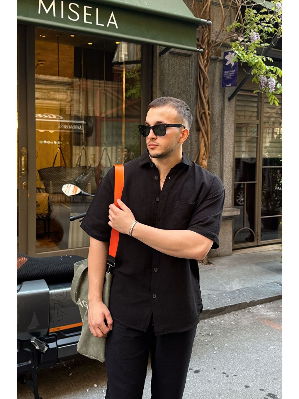 Siyah Lora Erkek Yazlık Pamuk Gömlek Kısa Kollu Cepli Bol Kesim-4