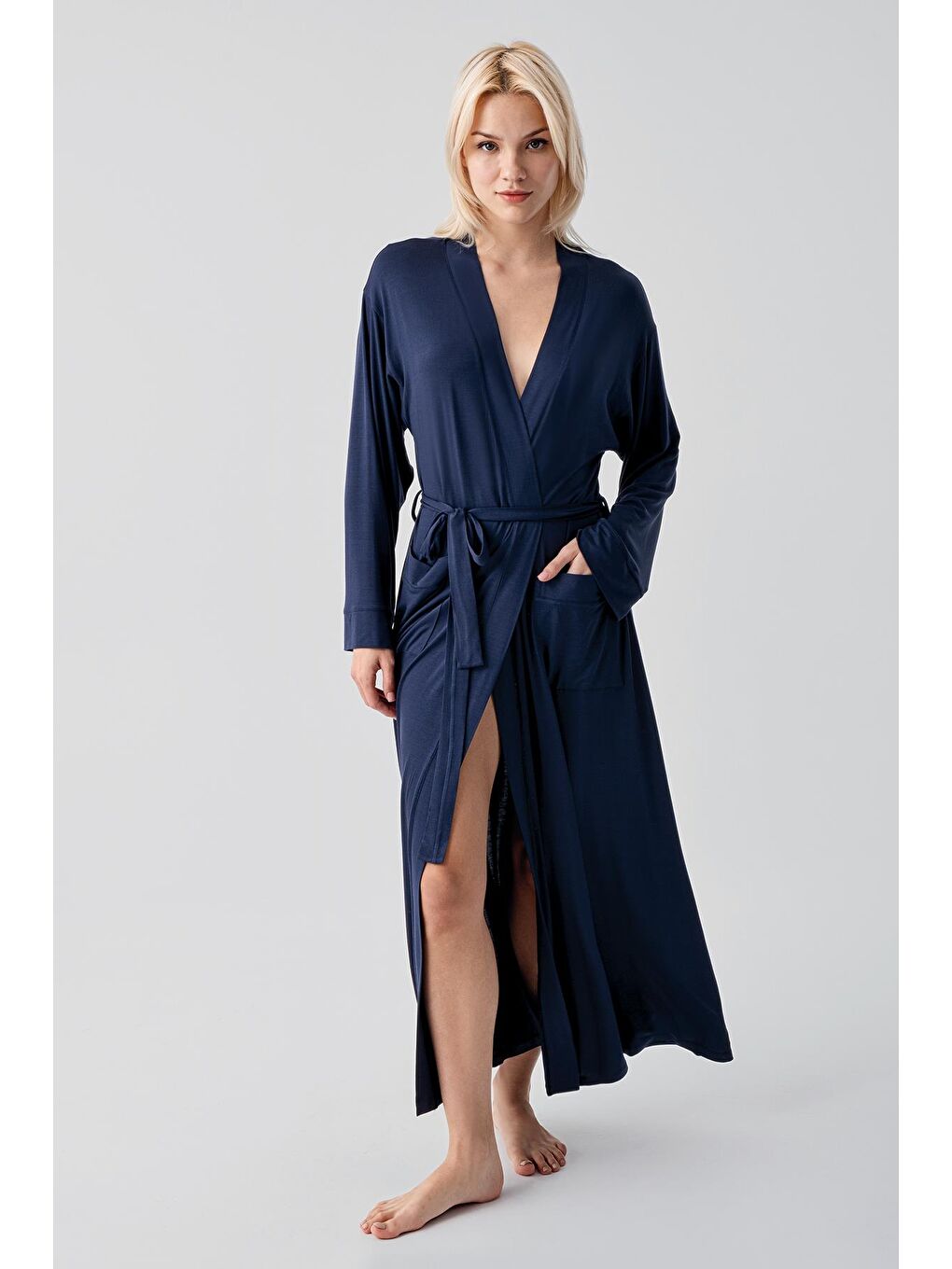 Lacivert Uzun Kollu Elastanlı Esnek Viskoz Soft Sabahlık 19500-1