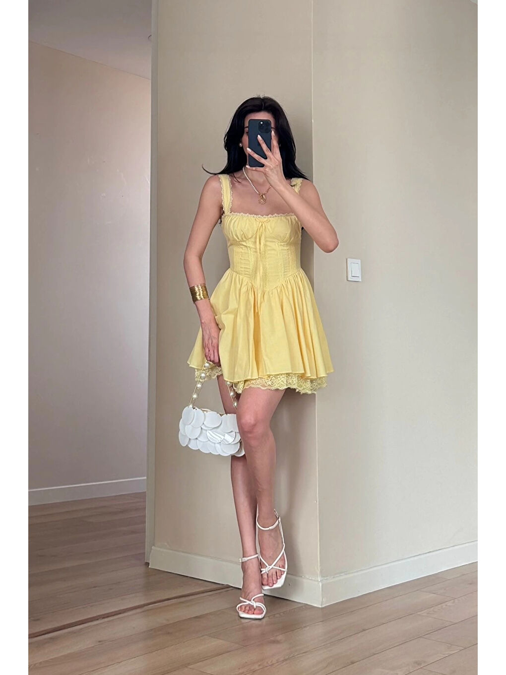 Kadın Sarı Askılı Dantel Detay Elbise 1041-2293-1