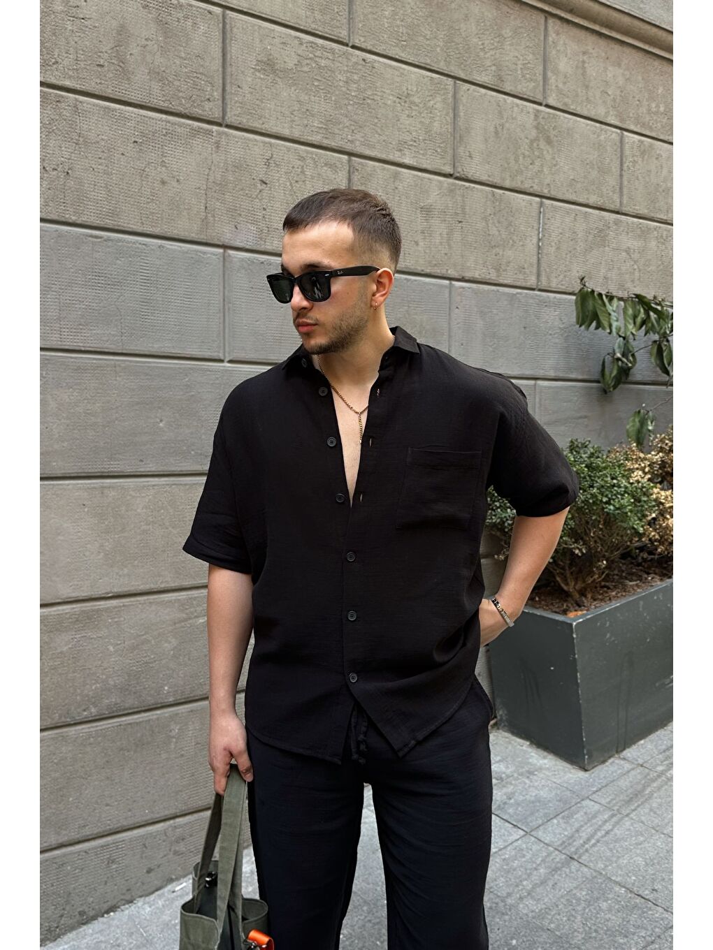 Siyah Lora Erkek Yazlık Pamuk Gömlek Kısa Kollu Cepli Bol Kesim-5