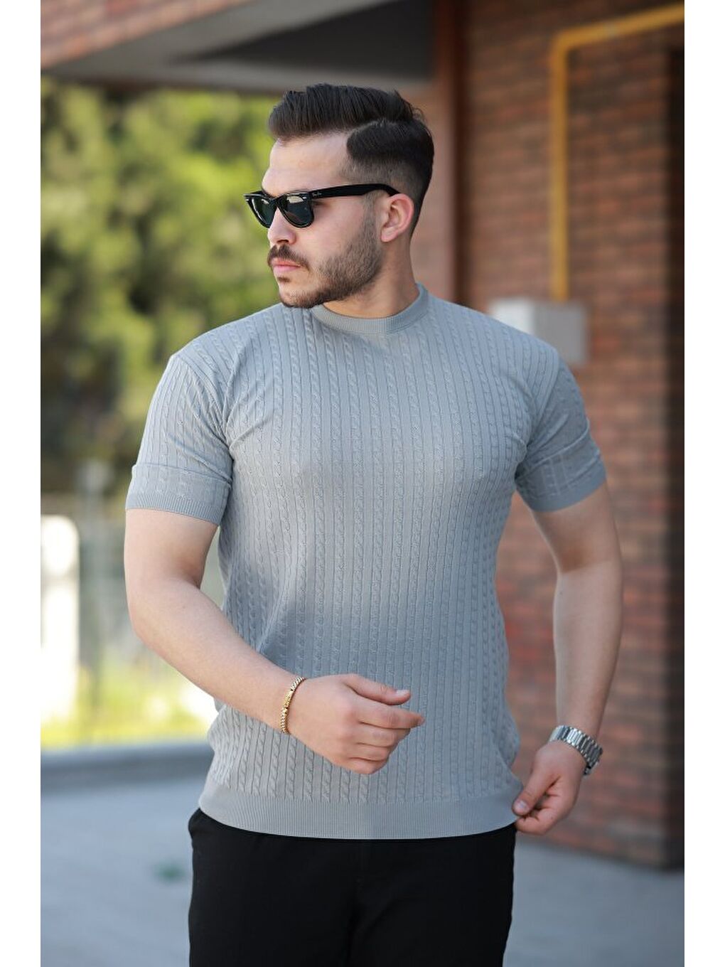 Gri Erkek Bisiklet Yaka örgü Desenli Kısa örme Triko Kısa Kollu T-shirt