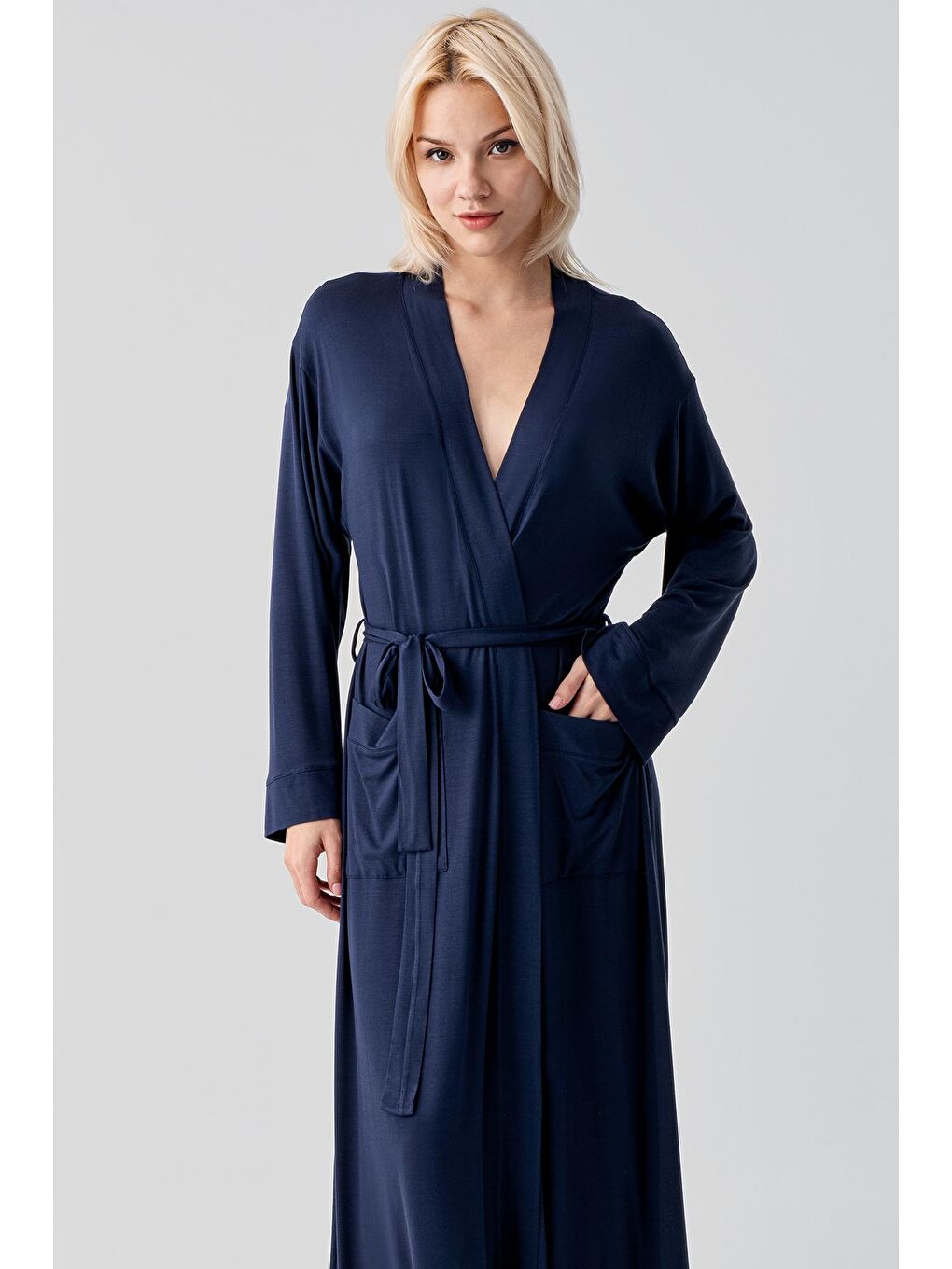 Lacivert Uzun Kollu Elastanlı Esnek Viskoz Soft Sabahlık 19500-2