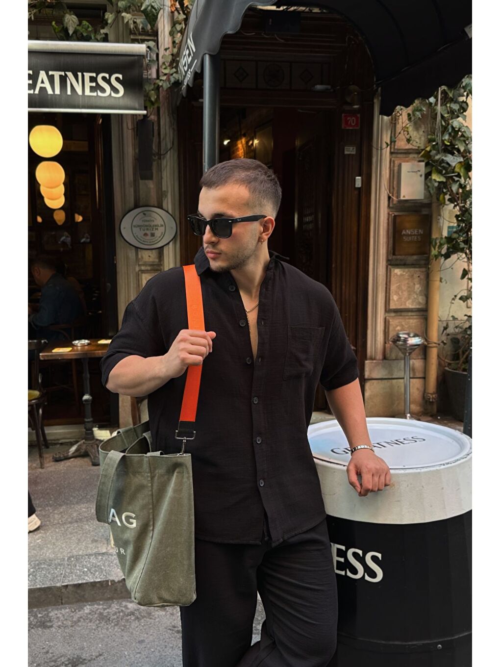 Siyah Lora Erkek Yazlık Pamuk Gömlek Kısa Kollu Cepli Bol Kesim-6