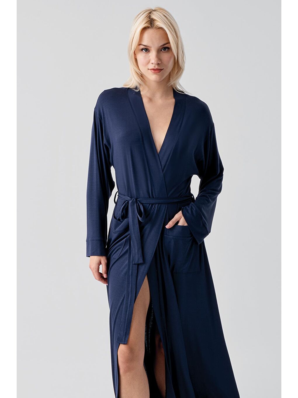 Lacivert Uzun Kollu Elastanlı Esnek Viskoz Soft Sabahlık 19500-3