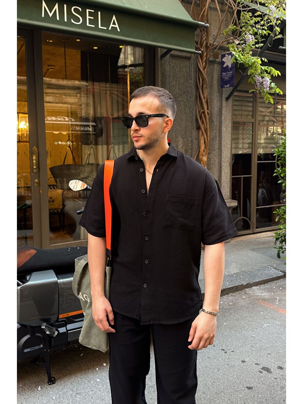 Siyah Lora Erkek Yazlık Pamuk Gömlek Kısa Kollu Cepli Bol Kesim-7