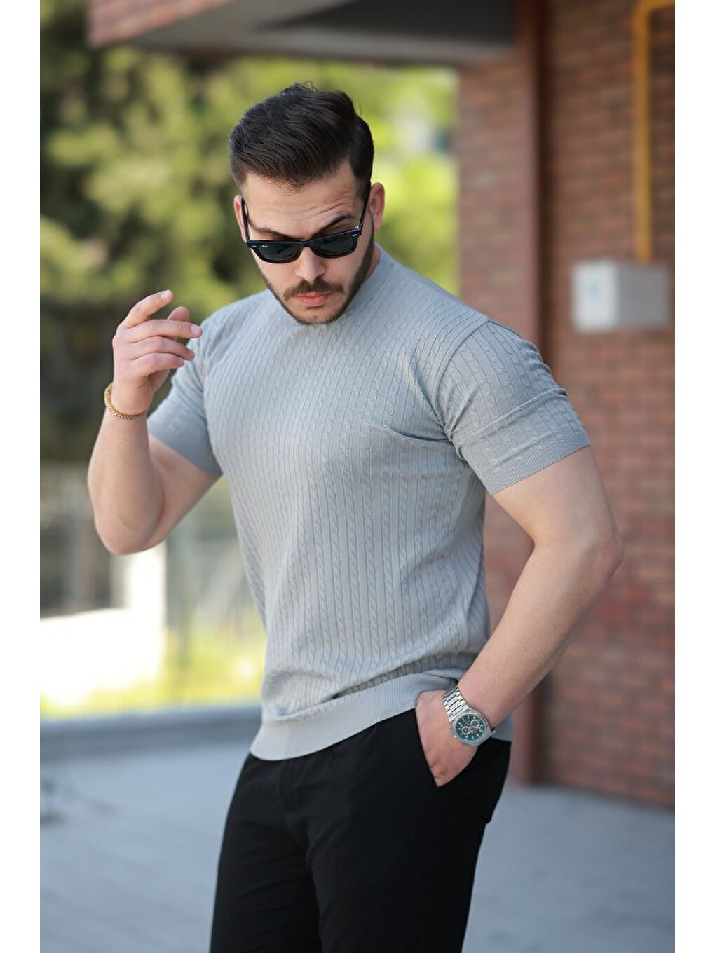 Gri Erkek Bisiklet Yaka örgü Desenli Kısa örme Triko Kısa Kollu T-shirt-1