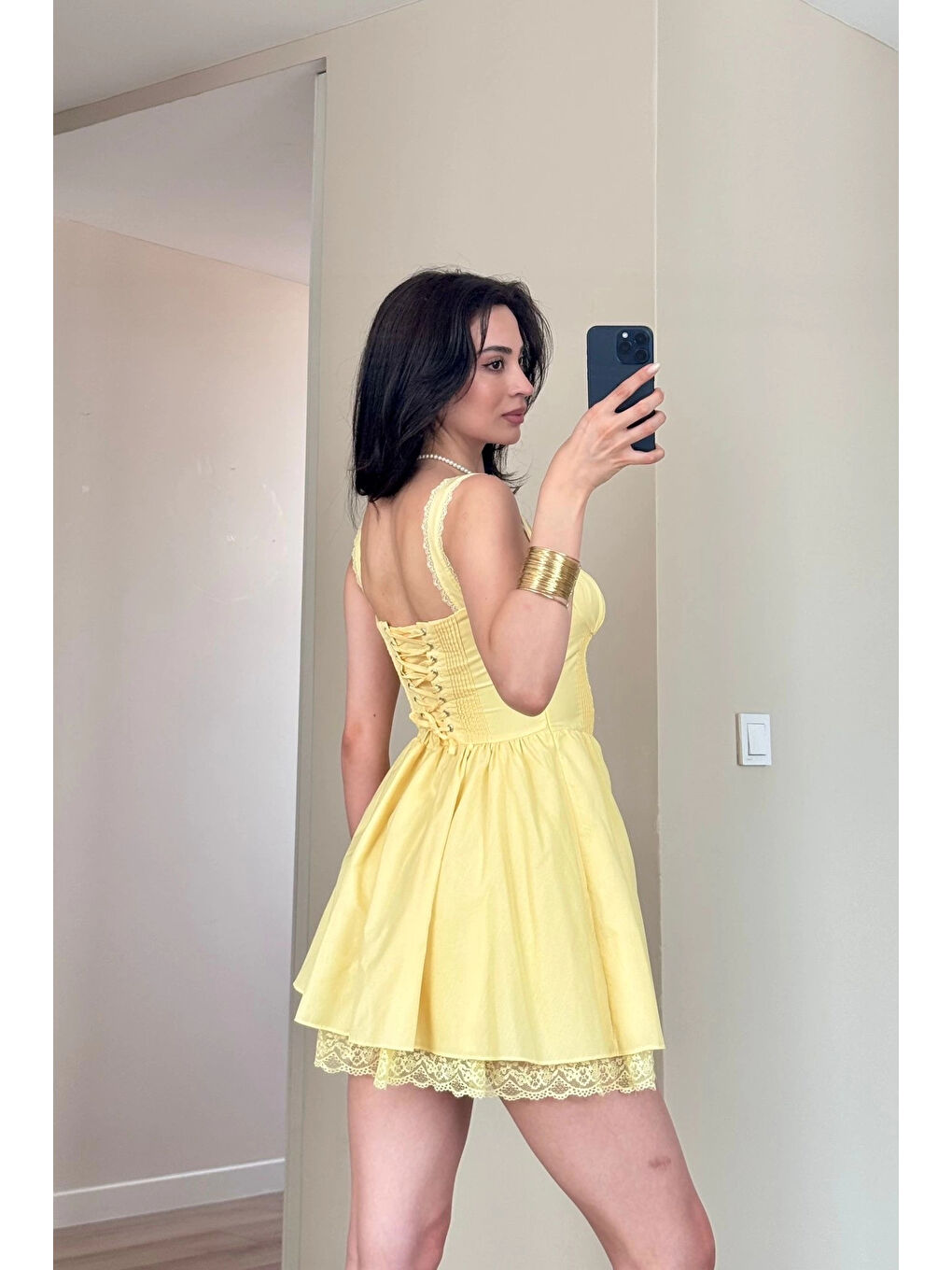 Kadın Sarı Askılı Dantel Detay Elbise 1041-2293-2