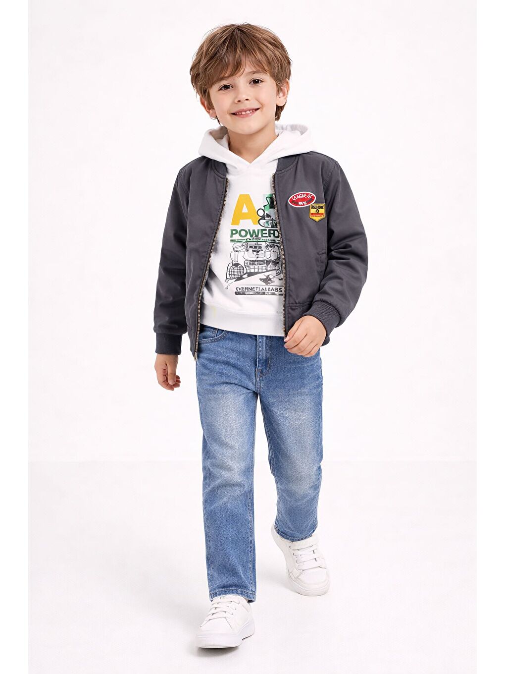 Gri Nakışlı Ceketli Jean Pantolonlu Erkek Çocuk Kapüşonlu 3lü Takım 23524