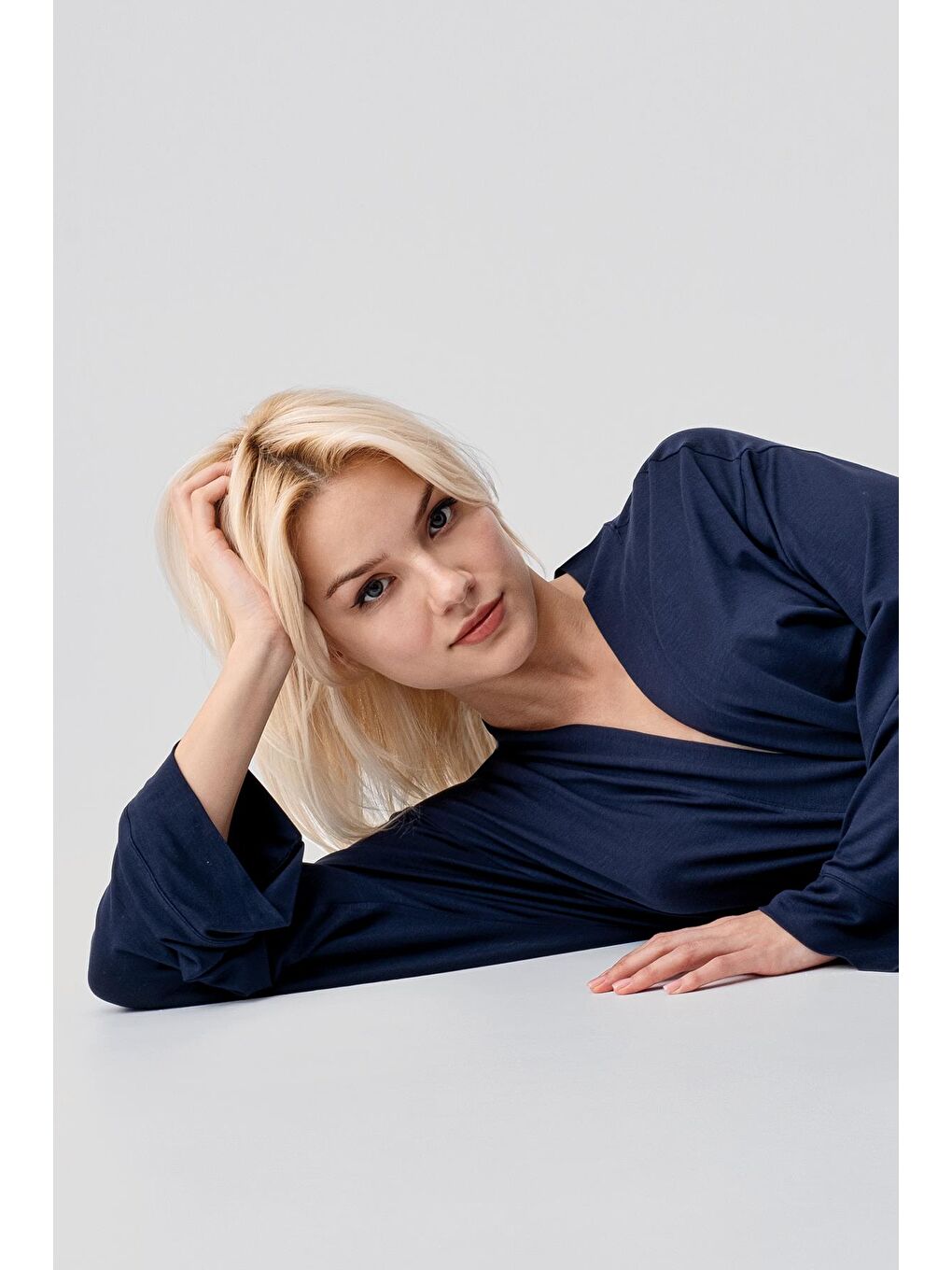 Lacivert Uzun Kollu Elastanlı Esnek Viskoz Soft Sabahlık 19500-4