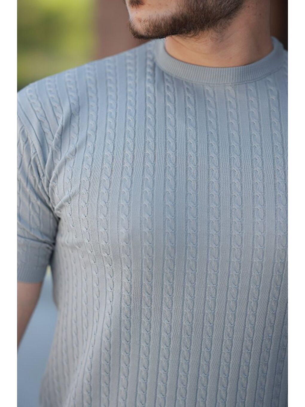 Gri Erkek Bisiklet Yaka örgü Desenli Kısa örme Triko Kısa Kollu T-shirt-2