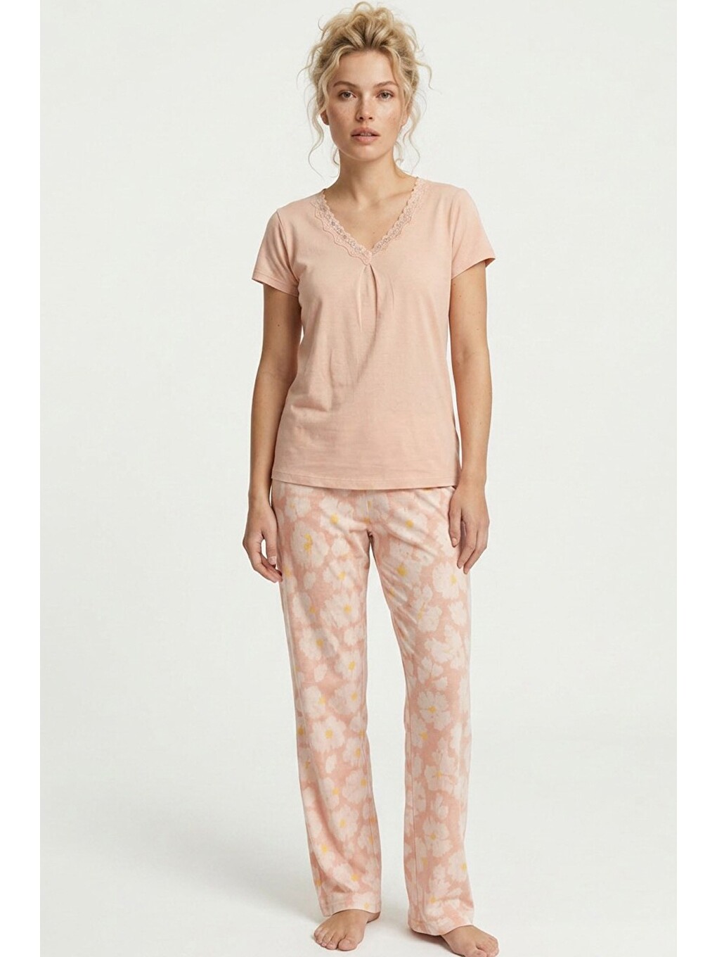 Pembe Dantelli Viskon Örme Pijama Takım 8065-1