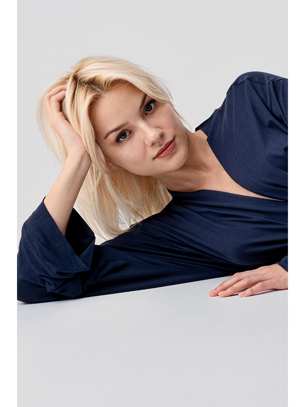 Lacivert Uzun Kollu Elastanlı Esnek Viskoz Soft Sabahlık 19500-5