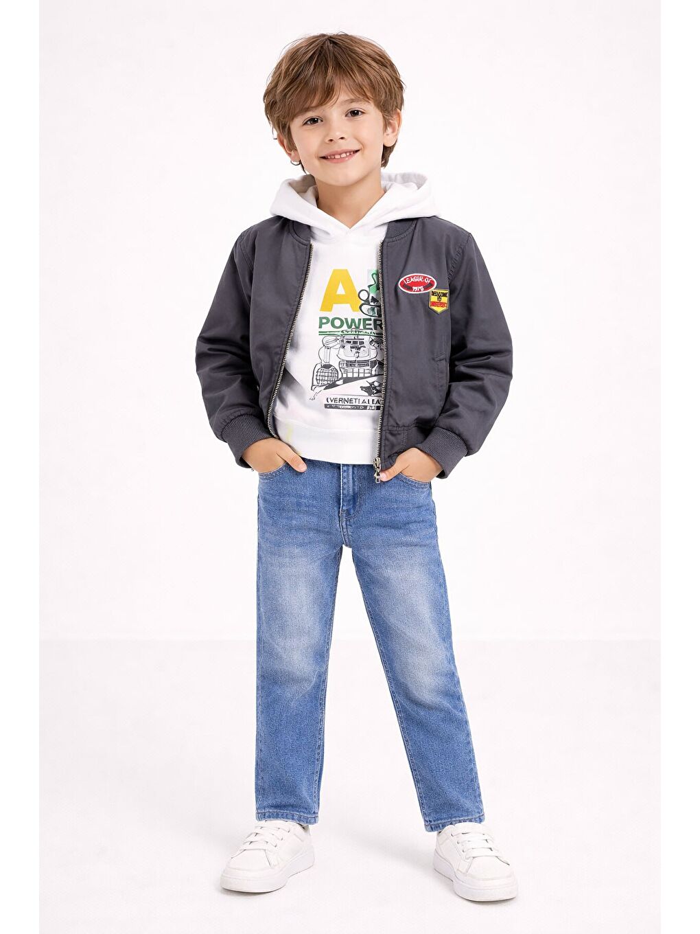 Gri Nakışlı Ceketli Jean Pantolonlu Erkek Çocuk Kapüşonlu 3lü Takım 23524-1