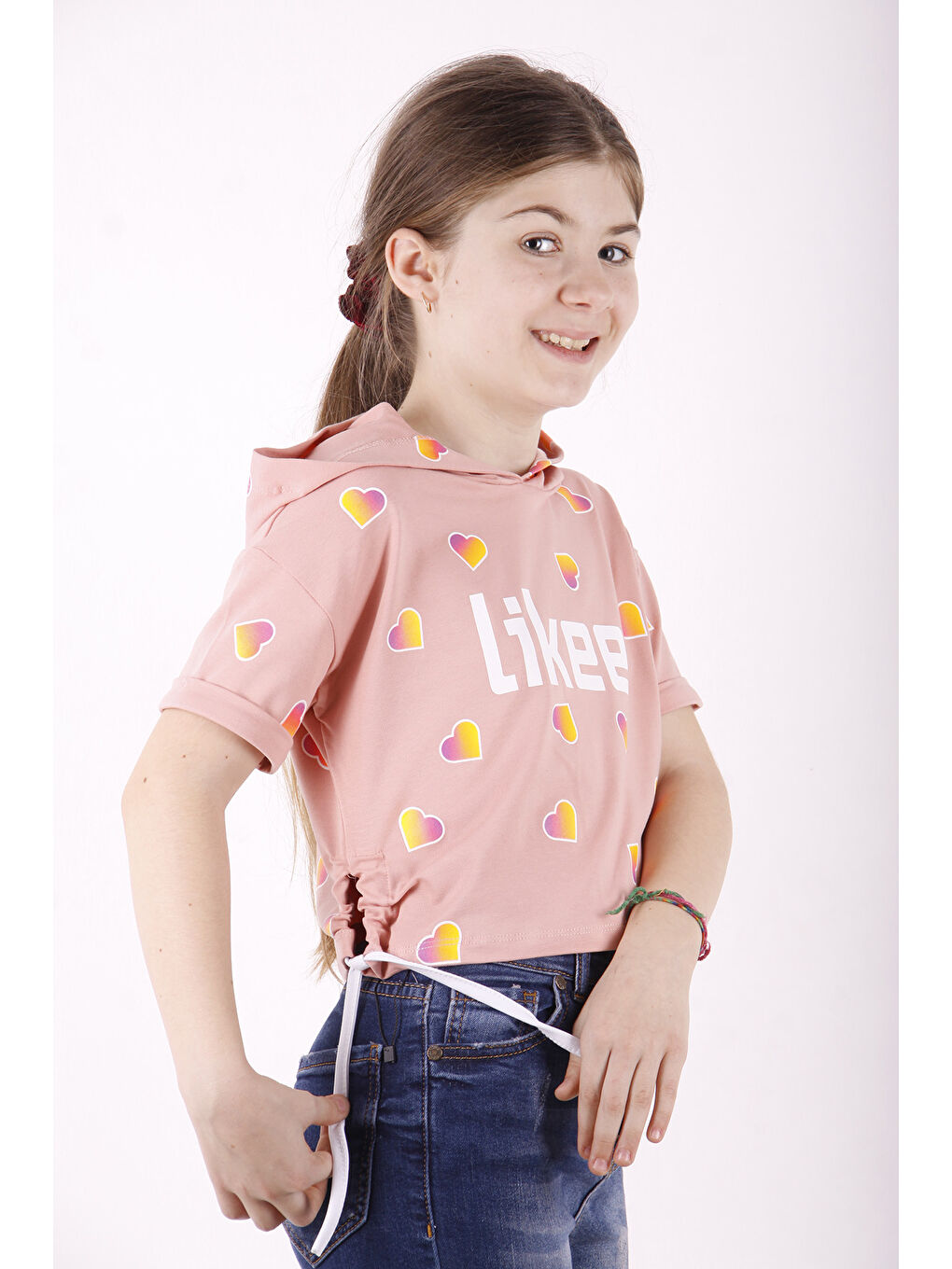 Pembe Kız Çocuk Likee Baskılı Kapüşonlu Tişört-1