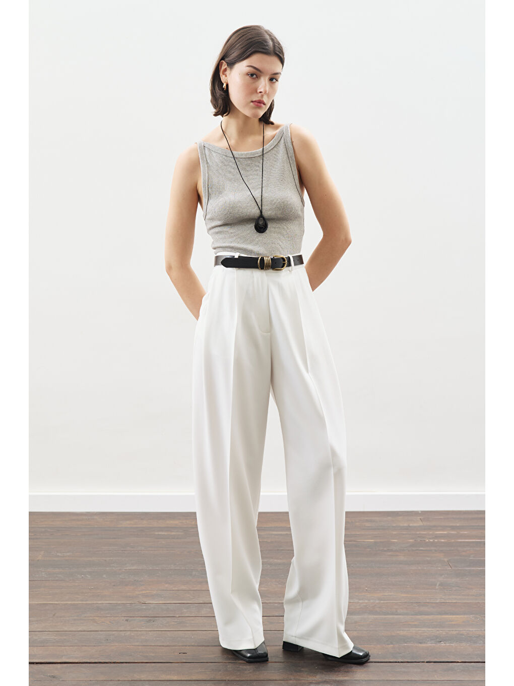 Dona Pileli Palazzo Pantolon Ekru-3