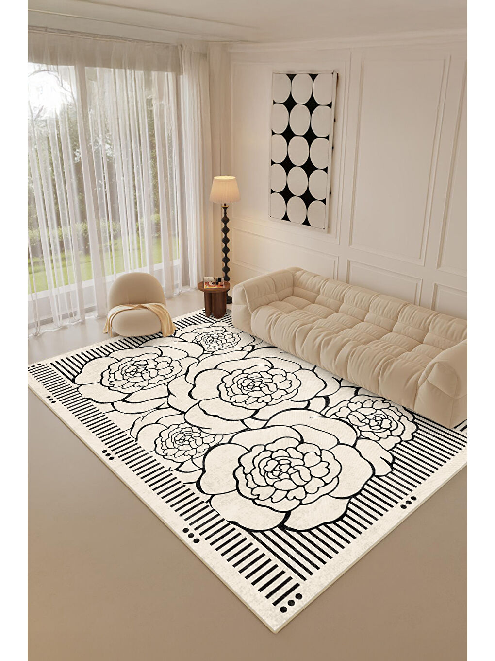 Ekru Dekoratif Salon Halısı, Makinada Yıkanabilir, Kaymaz Taban, İnce & Modern Tasarım-3