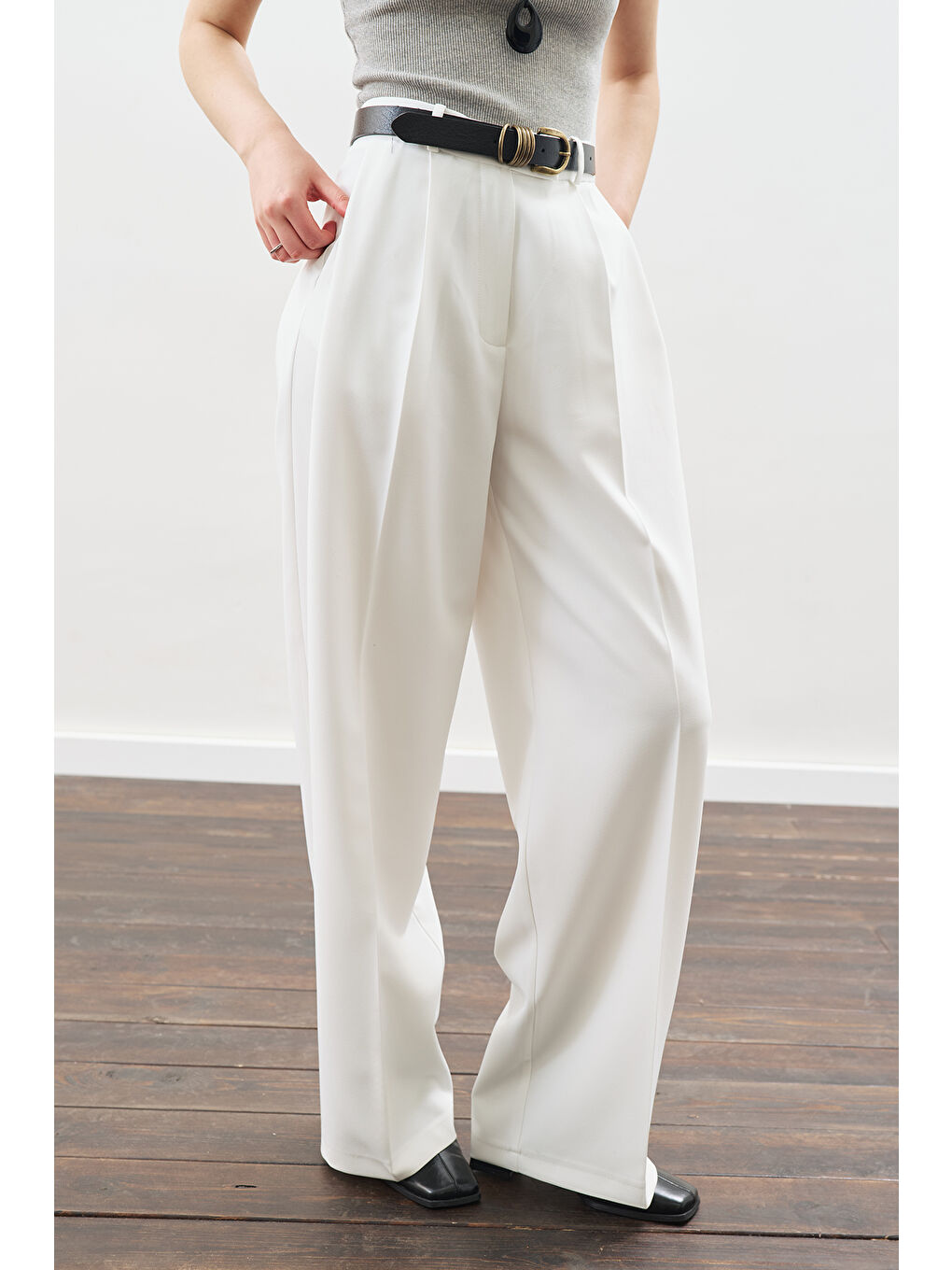 Dona Pileli Palazzo Pantolon Ekru-4