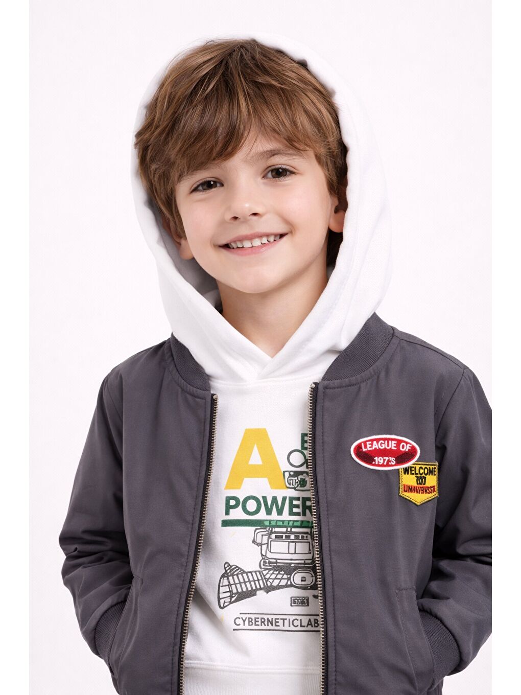 Gri Nakışlı Ceketli Jean Pantolonlu Erkek Çocuk Kapüşonlu 3lü Takım 23524-3