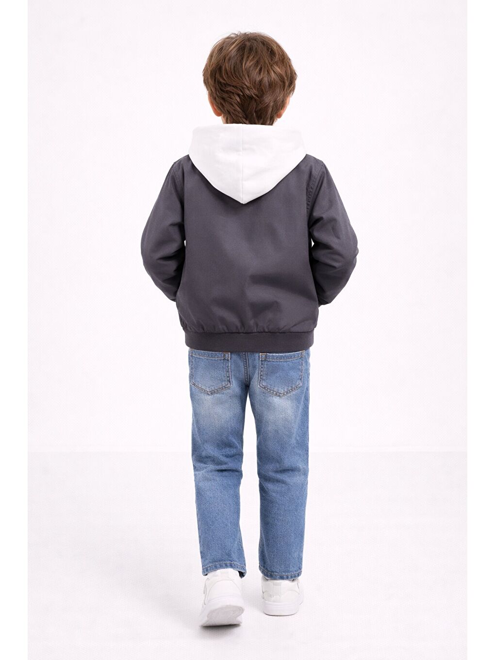 Gri Nakışlı Ceketli Jean Pantolonlu Erkek Çocuk Kapüşonlu 3lü Takım 23524-4