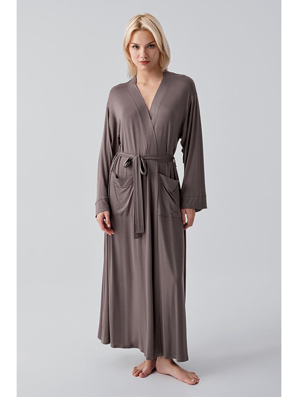 Bej Uzun Kollu Elastanlı Esnek Viskoz Soft Sabahlık 19500