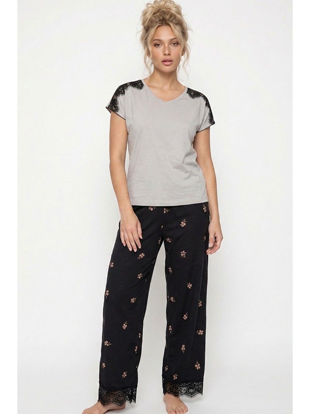 Gri Dantelli Viskon Örme Pijama Takım 8065-1