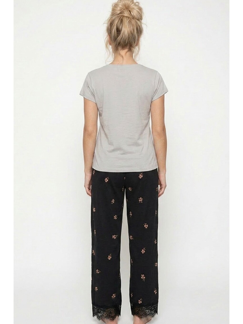 Gri Dantelli Viskon Örme Pijama Takım 8065-2