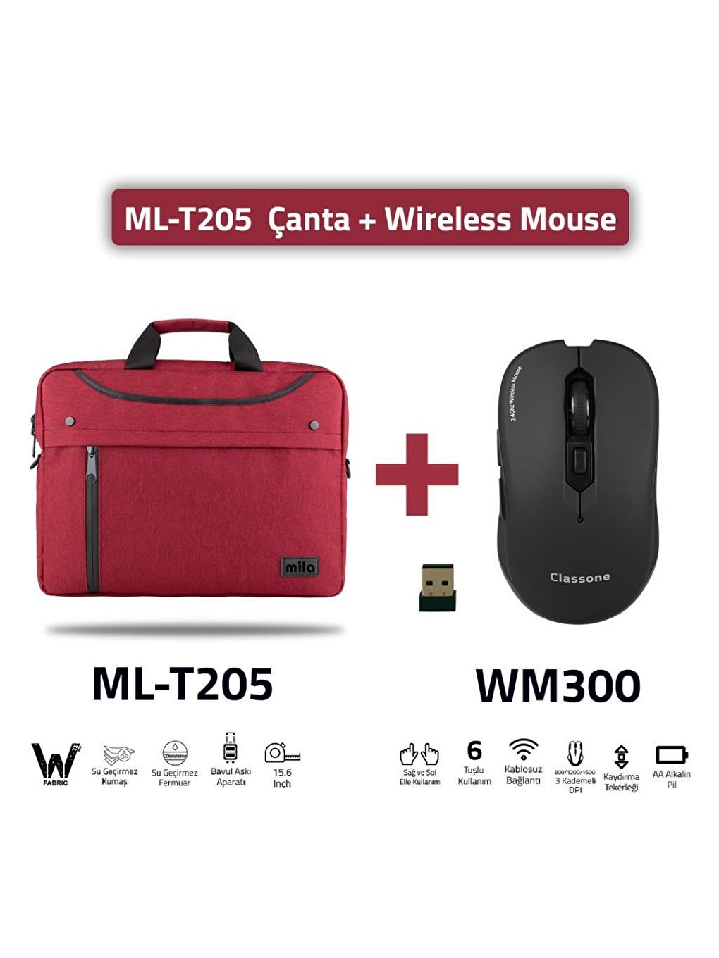 Bordo Ml-t205-wm300 Business Serisi 15.6" Su Geçirmez Kumaş Ve Fermuar ,laptop,notebook Çantası+mouse-1