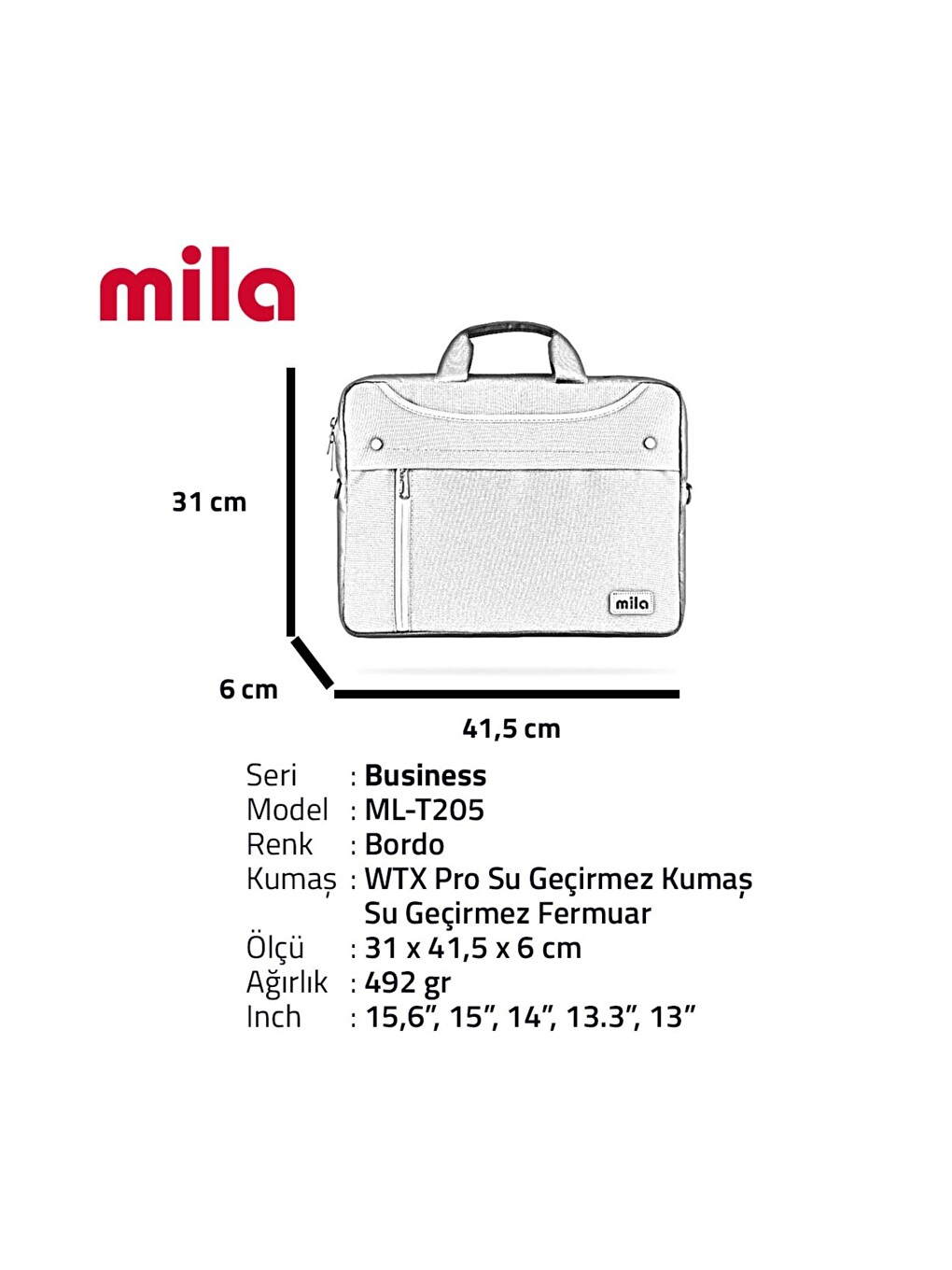 Bordo Ml-t205-wm300 Business Serisi 15.6" Su Geçirmez Kumaş Ve Fermuar ,laptop,notebook Çantası+mouse-6