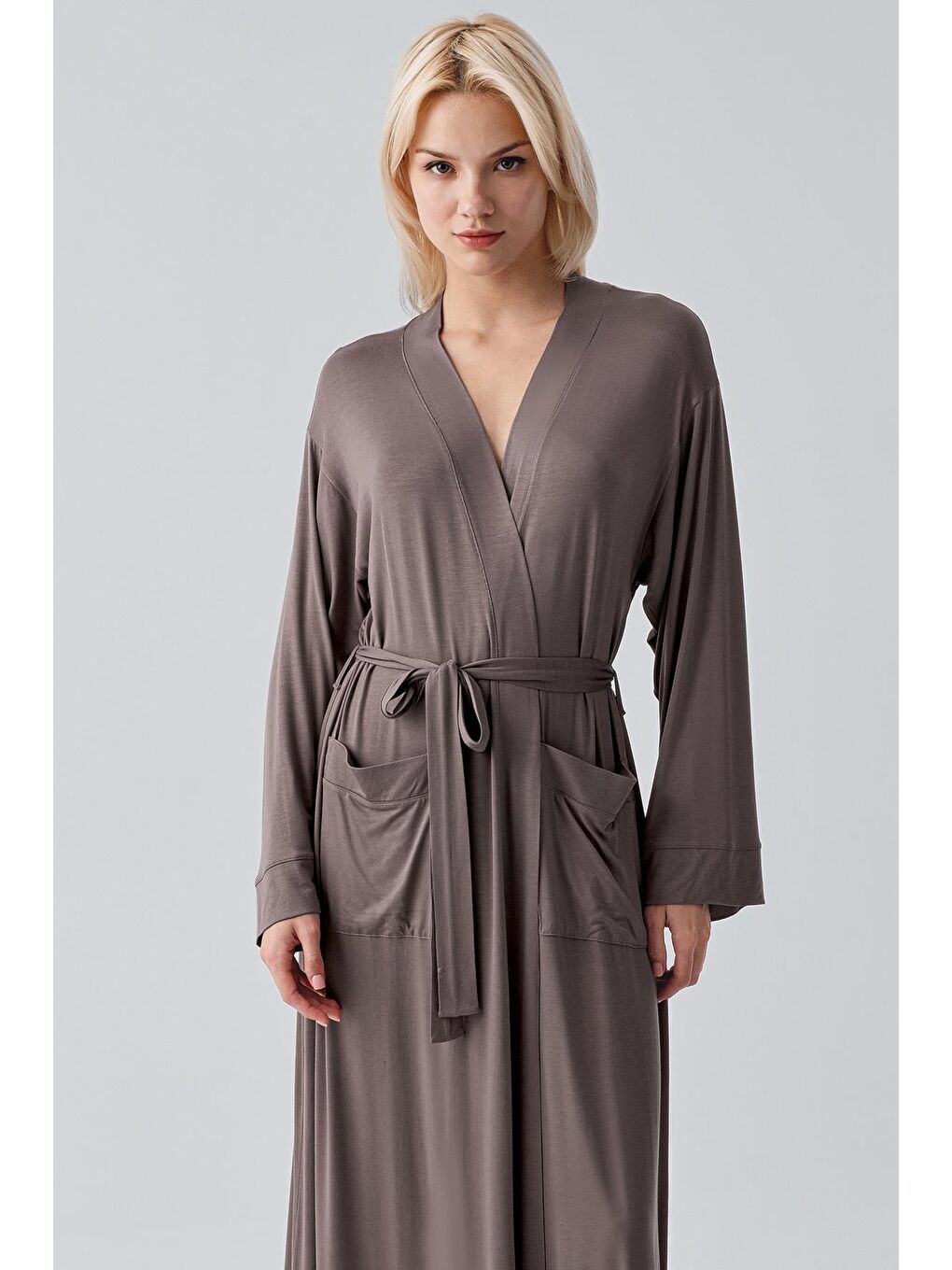 Bej Uzun Kollu Elastanlı Esnek Viskoz Soft Sabahlık 19500-2