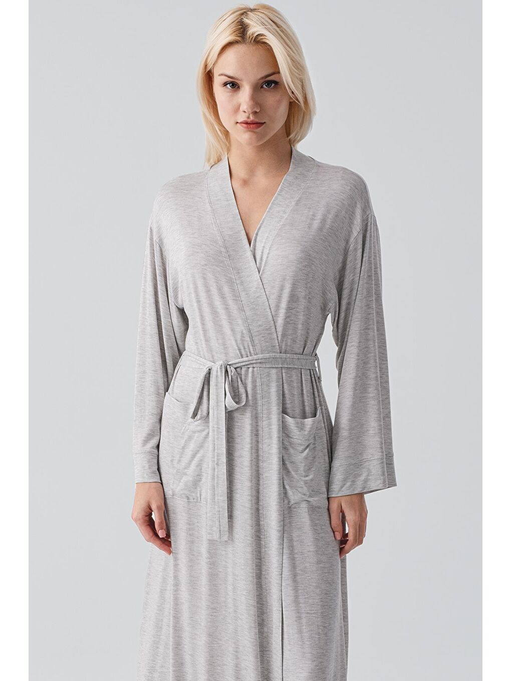 Gri Uzun Kollu Elastanlı Esnek Viskoz Soft Sabahlık 19500-2