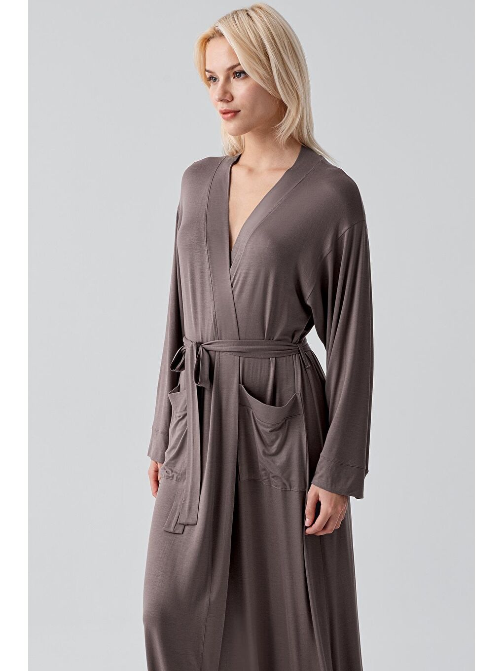 Bej Uzun Kollu Elastanlı Esnek Viskoz Soft Sabahlık 19500-3