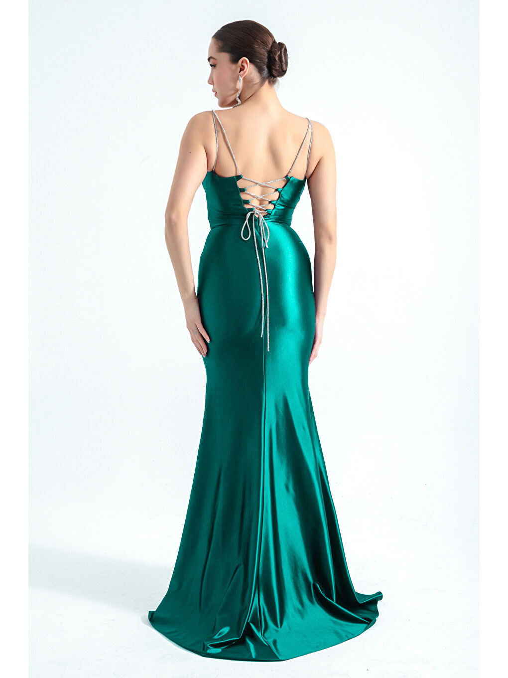 Kadın Zümrüt Yeşili Taş Askılı Uzun Abiye Elbise-4