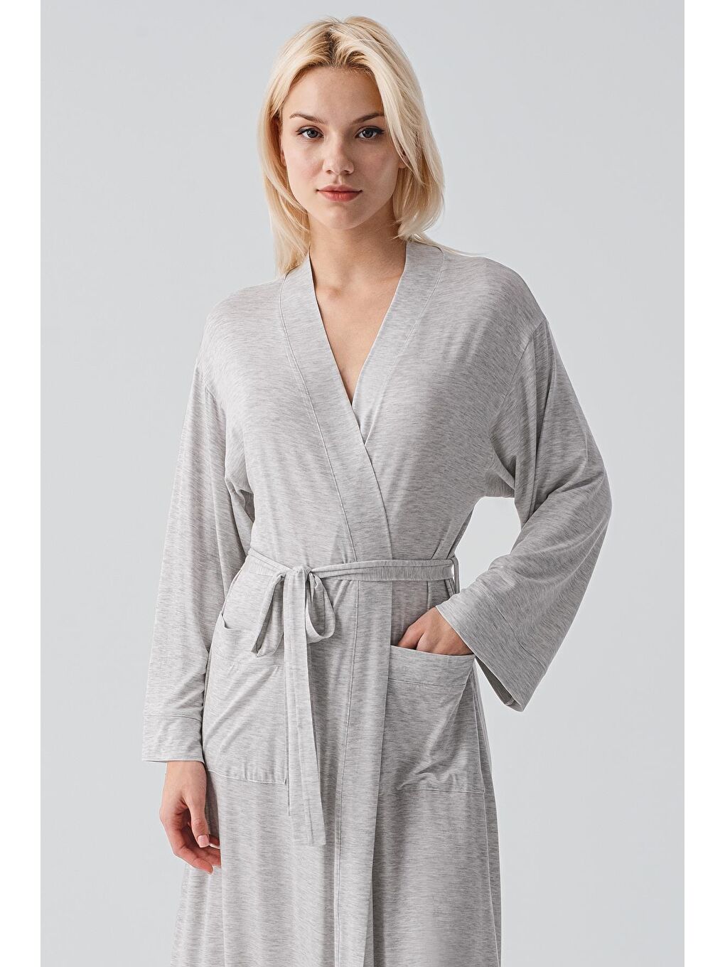 Gri Uzun Kollu Elastanlı Esnek Viskoz Soft Sabahlık 19500-3