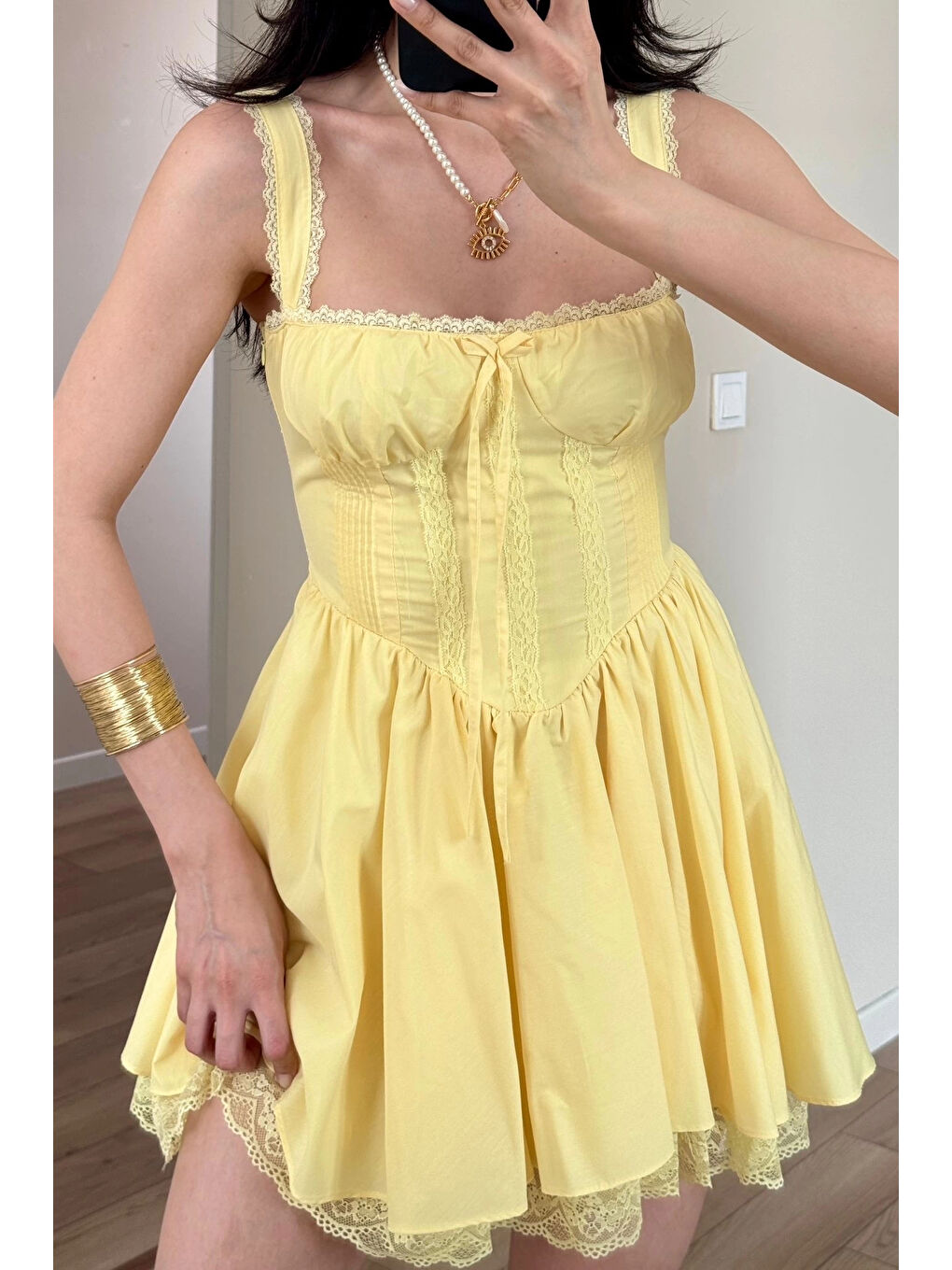 Kadın Sarı Askılı Dantel Detay Elbise 1041-2293-3