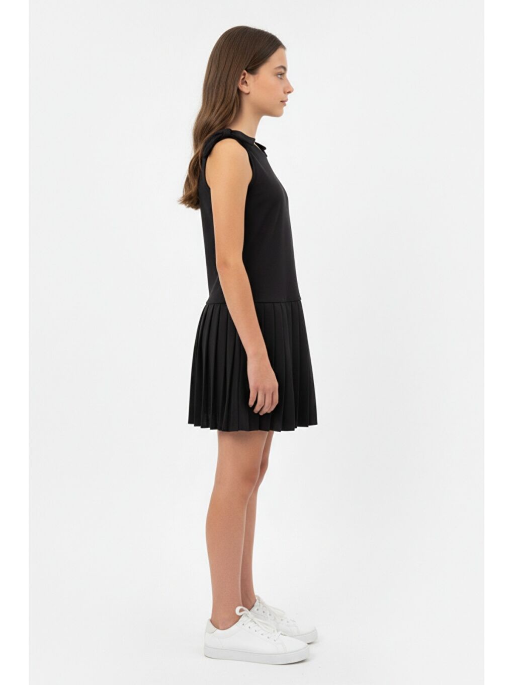 Siyah Kız Çocuk Bisiklet Yaka Sıfır Kol Pile Etekli Fiyonk Detaylı Elbise 25004-1