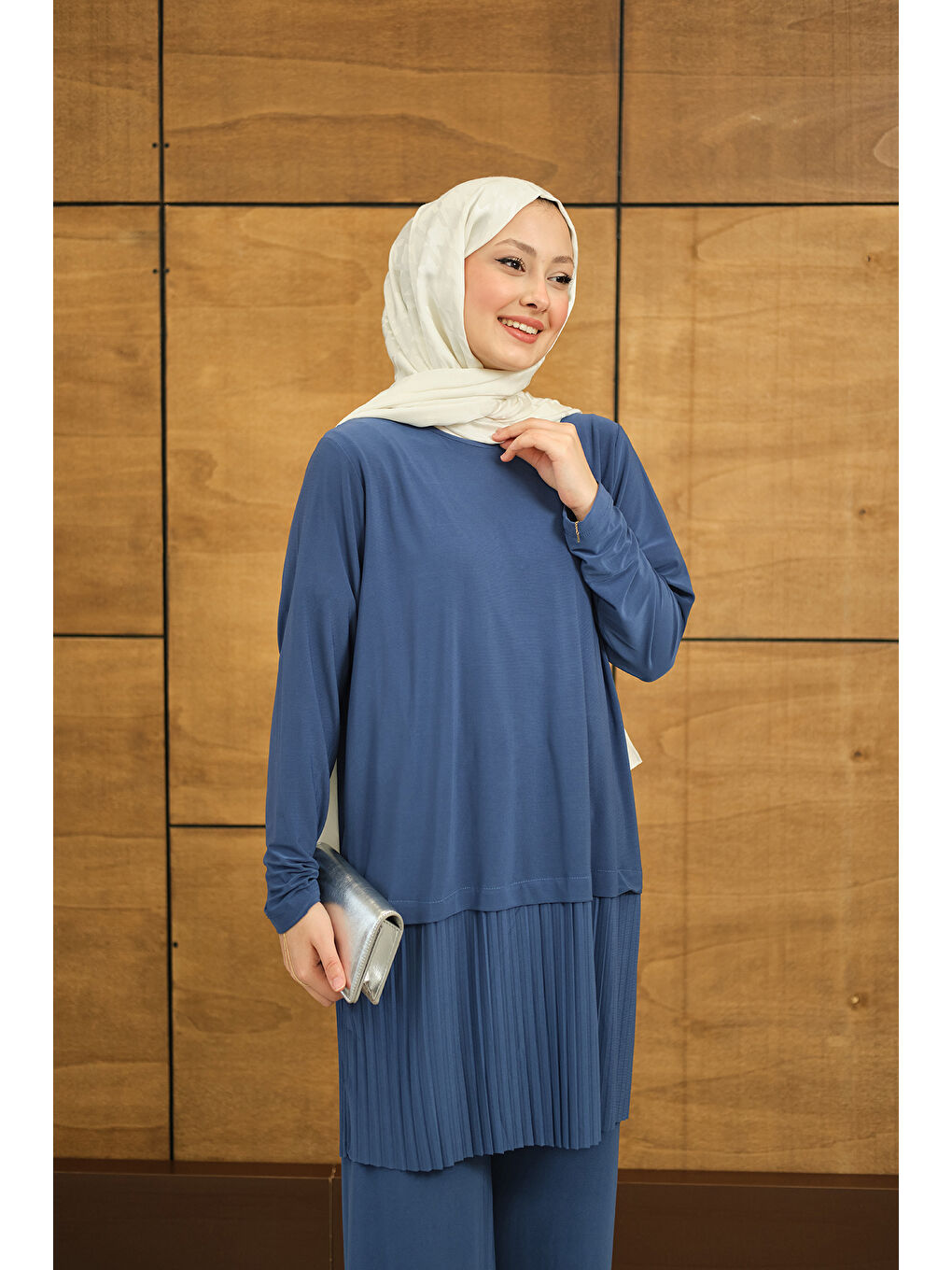 Kadın Alt Piliseli Bisiklet Yaka Takım İndigo Mavi-1