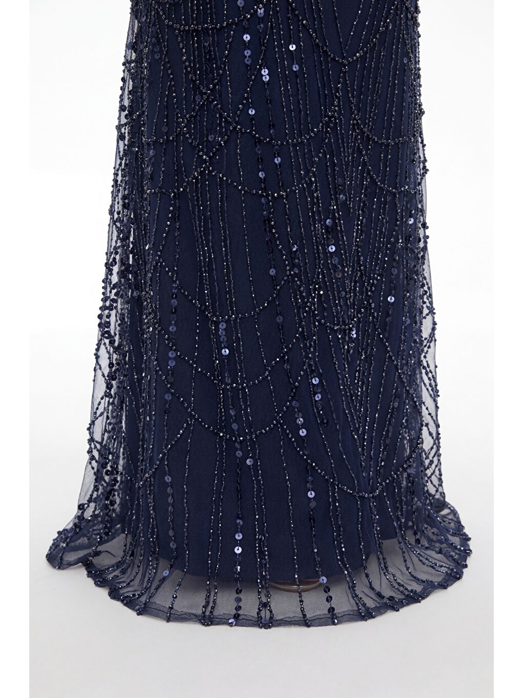 Kadın Lacivert İnce Askılı Boncuklu Uzun Söz Nişan Abiye Elbise-3