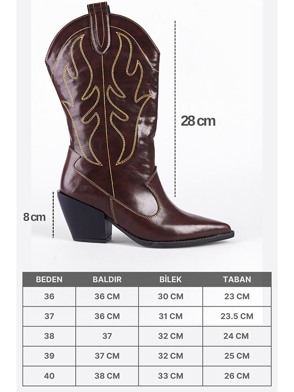 Kahverengi Malina Sivri Burunlu Nakışlı Kadın Kovboy Çizme-6