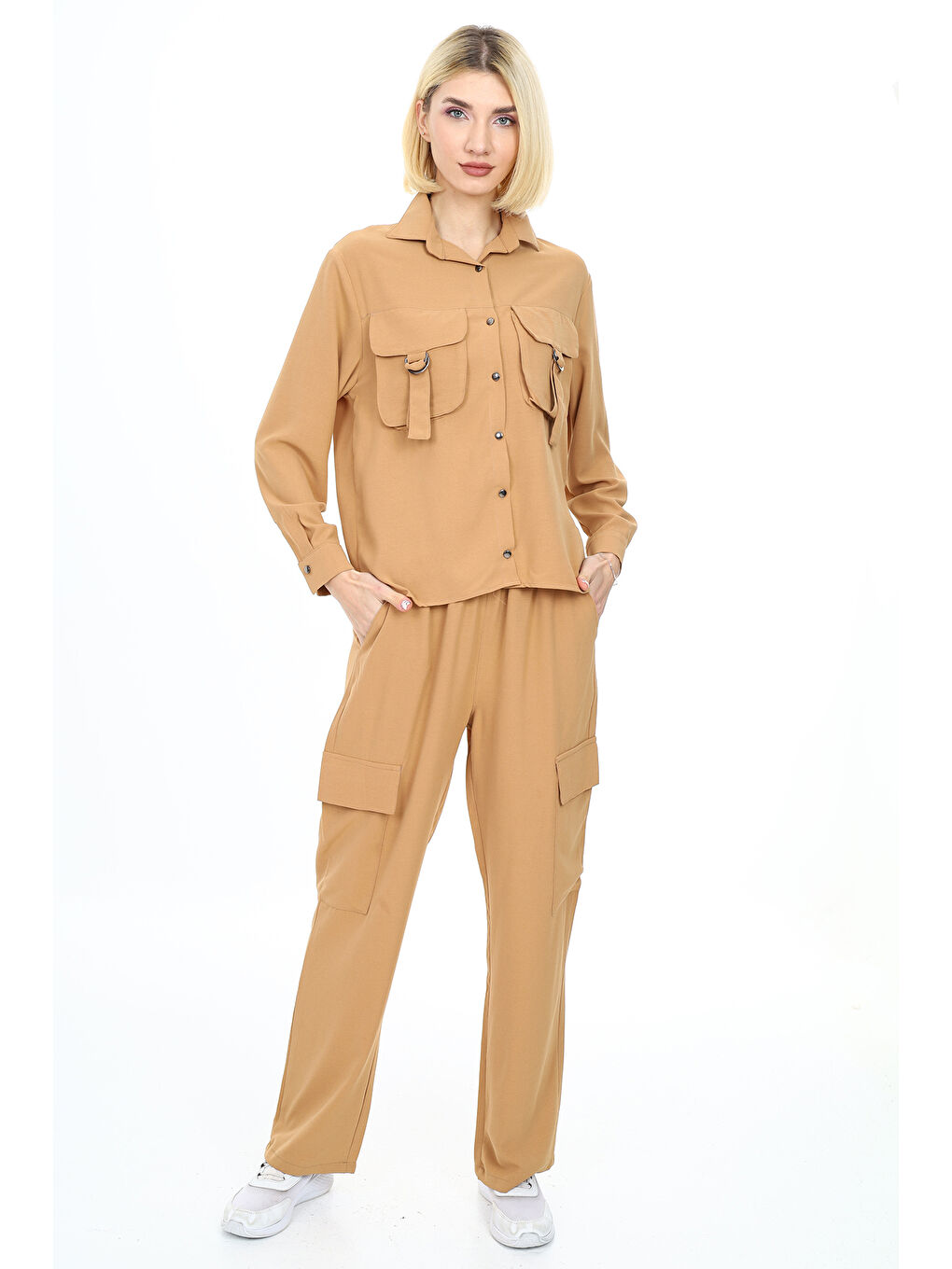 Bej Kadın Takım-Cep Kemer Detaylı-Alt-Üst Takım Mnx24101.1-1
