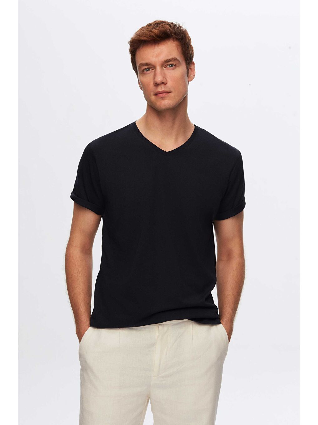 Slim Fit Lacivert V Yaka %100 Pamuk Tişört