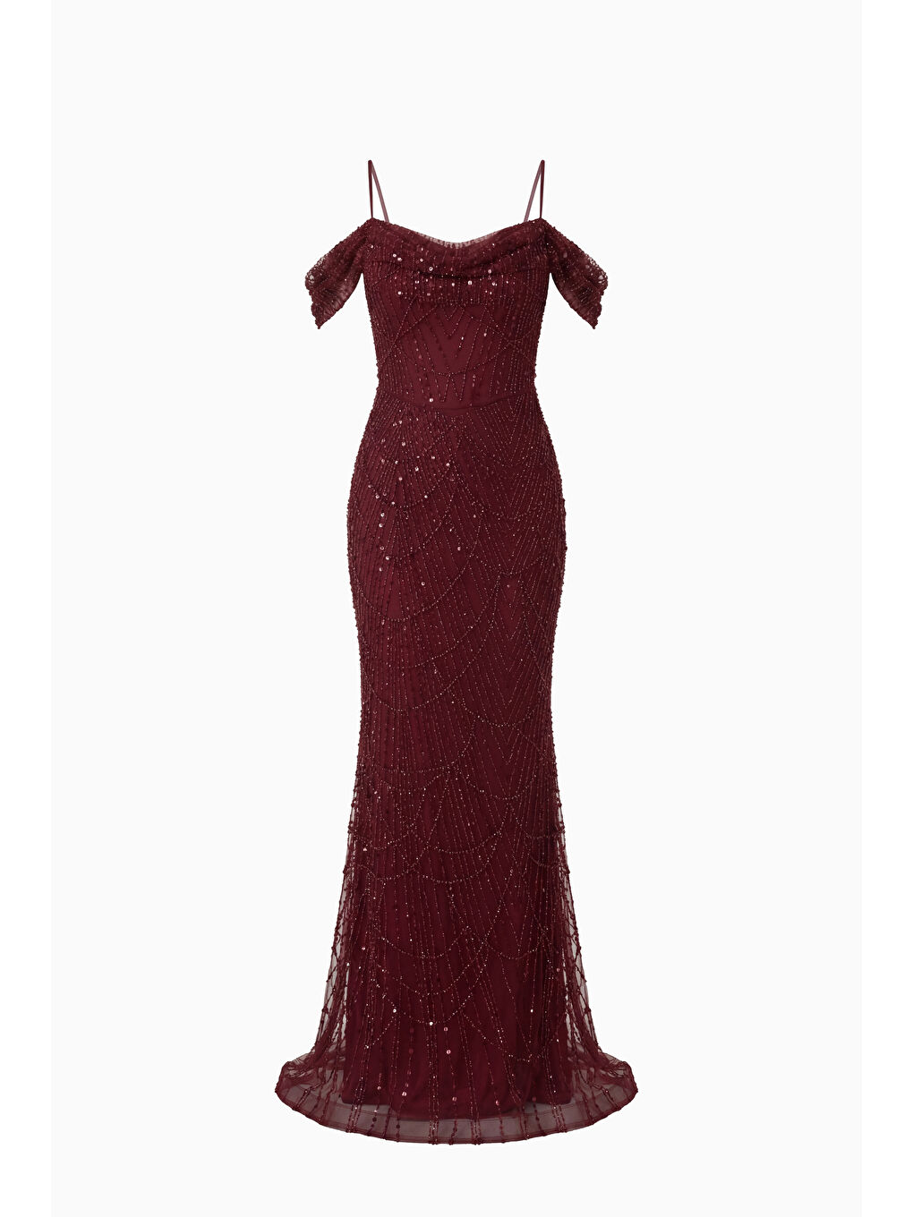 Kadın Bordo İnce Askılı Boncuklu Uzun Söz Nişan Abiye Elbise-5