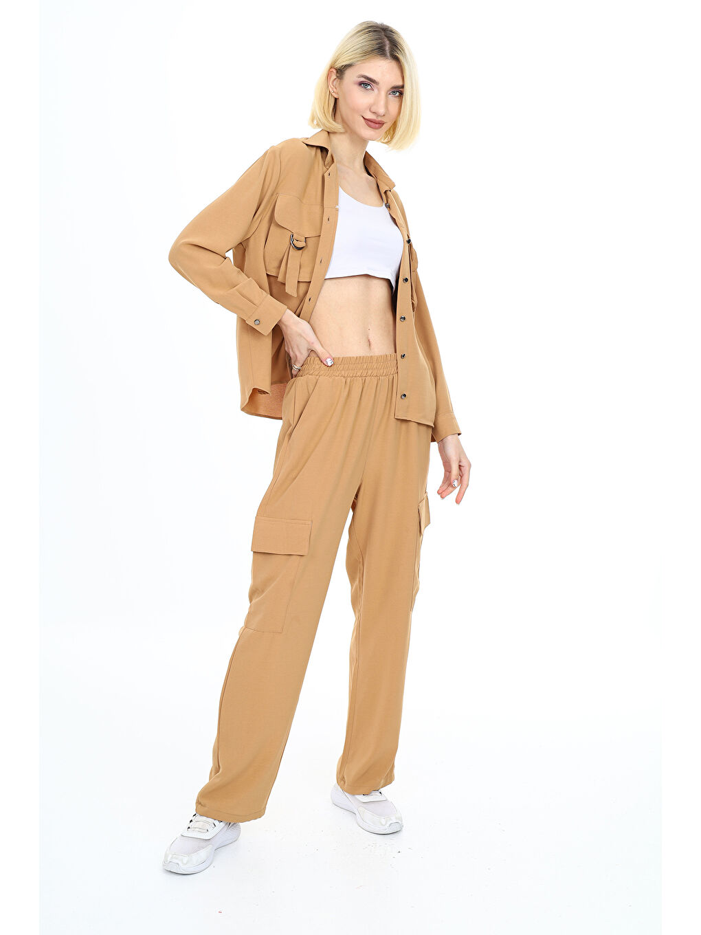 Bej Kadın Takım-Cep Kemer Detaylı-Alt-Üst Takım Mnx24101.1-3