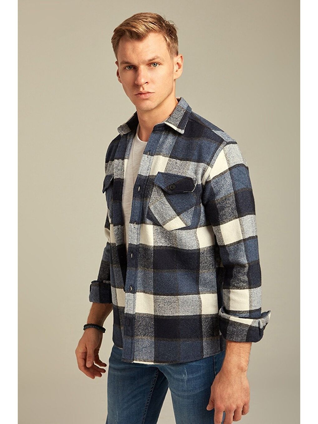 LC WAIKIKI Mavi Erkek Slim Fit Düğmeli Yaka Çift Cepli Oduncu Ekose Gömlek - 1