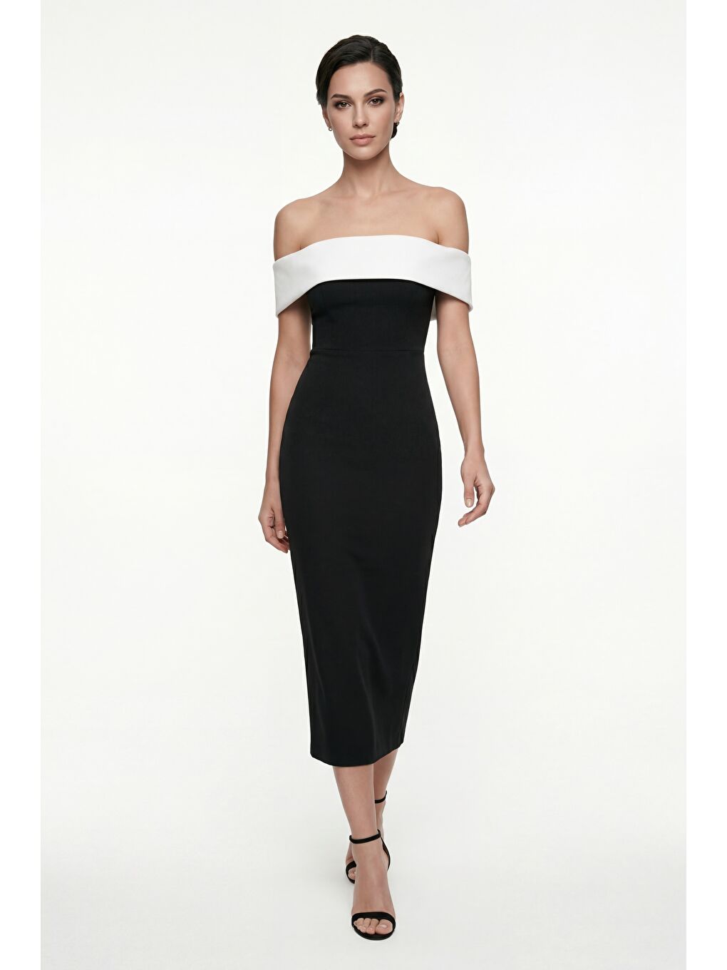 Kadın Siyah Kayık Yaka Midi Kalem Davet Elbisesi-1