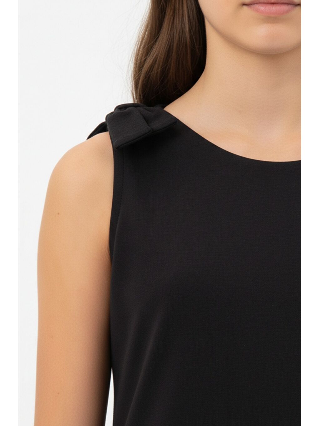 Siyah Kız Çocuk Bisiklet Yaka Sıfır Kol Pile Etekli Fiyonk Detaylı Elbise 25004-3