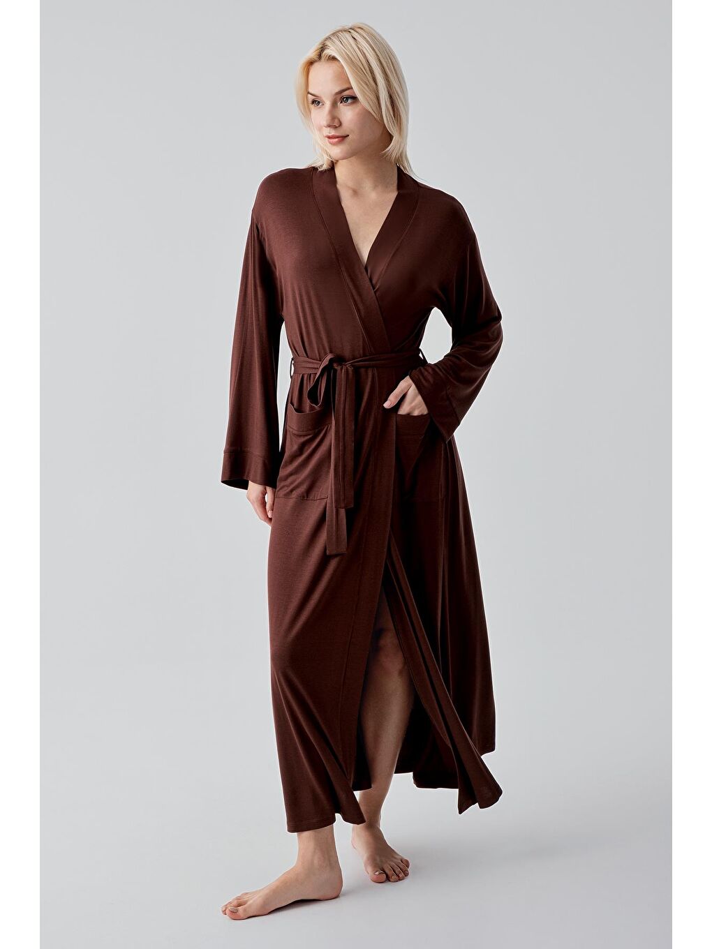 Kahverengi Uzun Kollu Elastanlı Esnek Viskoz Soft Sabahlık 19500