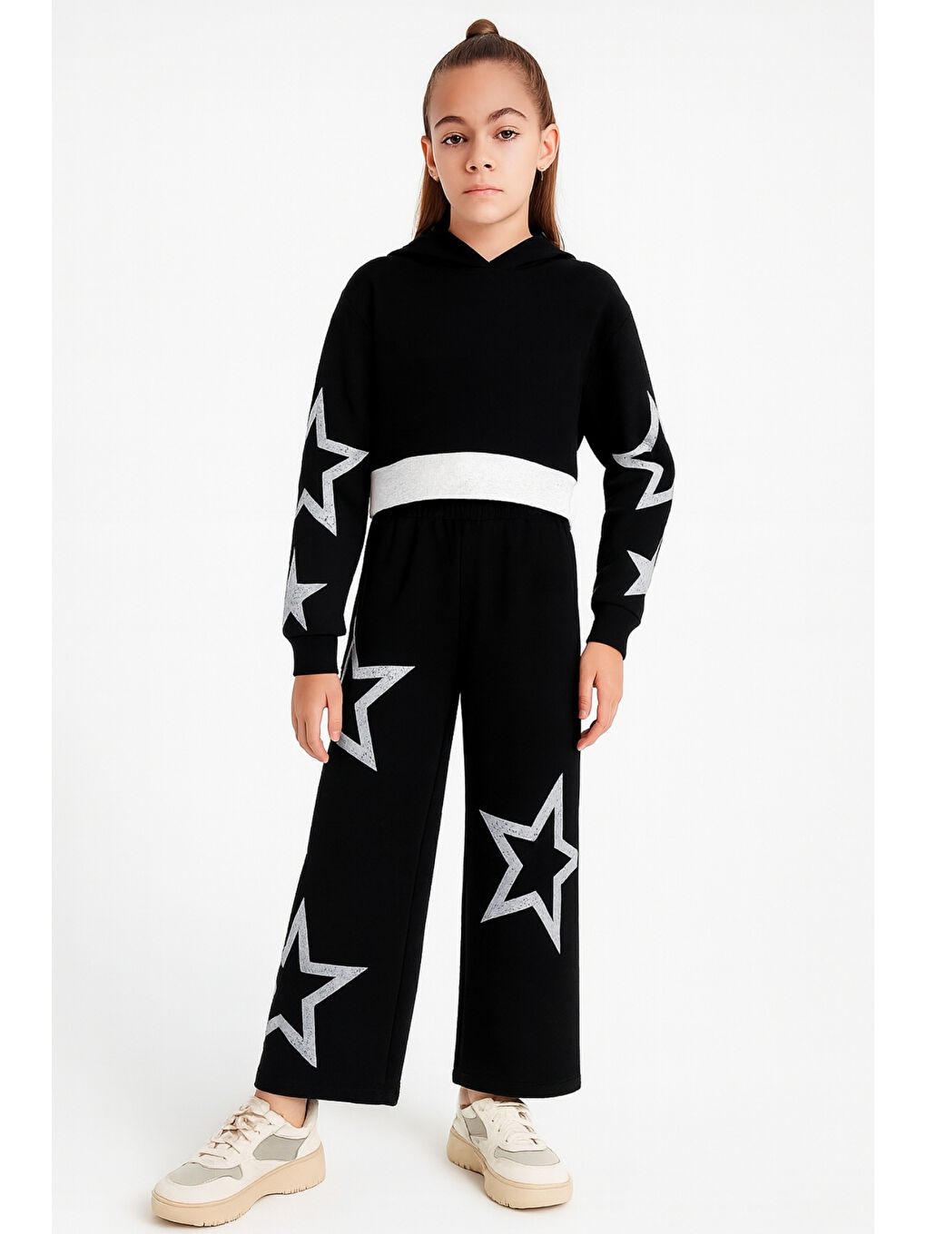 Siyah Kız Çocuk Yıldız Baskılı Kapüşonlu Alt Üst Takım Ak13536